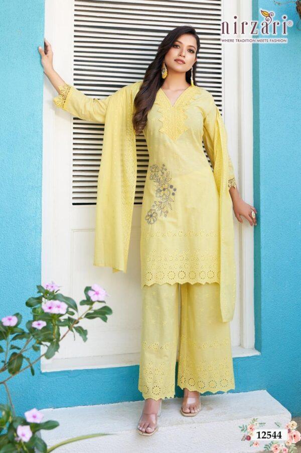 Yellow Schiffli Cotton 3-Piece Kurti Set with Plaza & Dupatta
