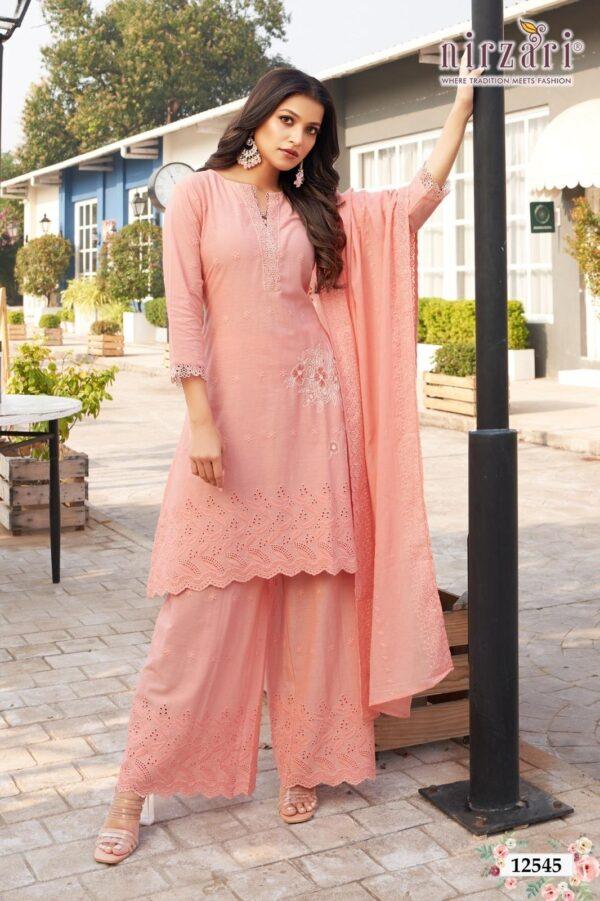 Peach Schiffli Cotton 3-Piece Kurti Set with Plaza & Dupatta