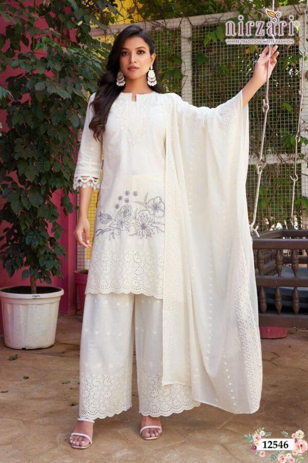 White Schiffli Cotton 3-Piece Kurti Set with Plaza & Dupatta