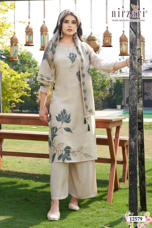 Beige Dola Silk 3-Piece Kurti Set with Green Floral Print & Dupatta