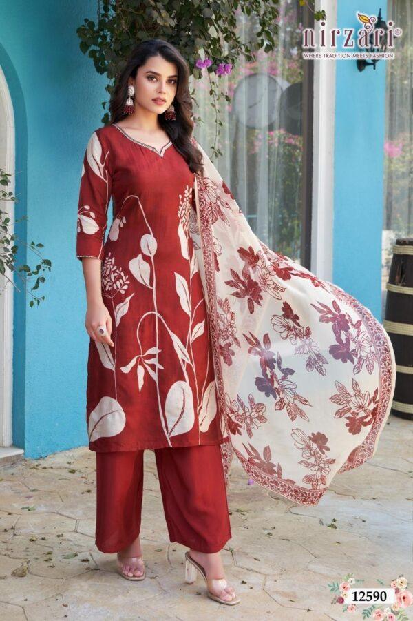 Maroon Dola Silk 3-Piece Kurti Set with Dupatta