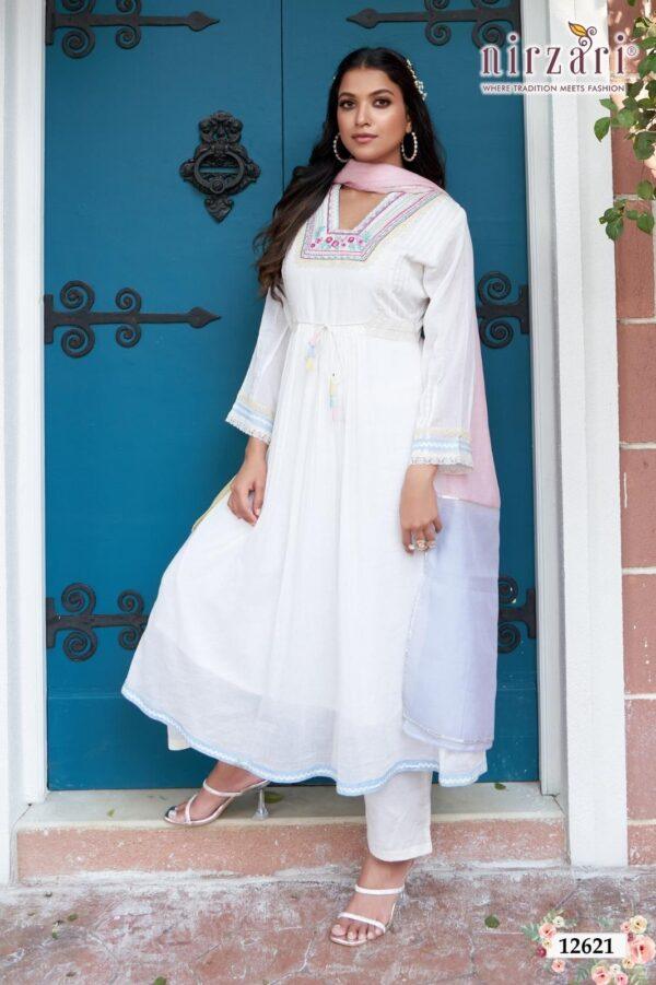 White Mul Cotton 3-Piece Kurti Set for Women