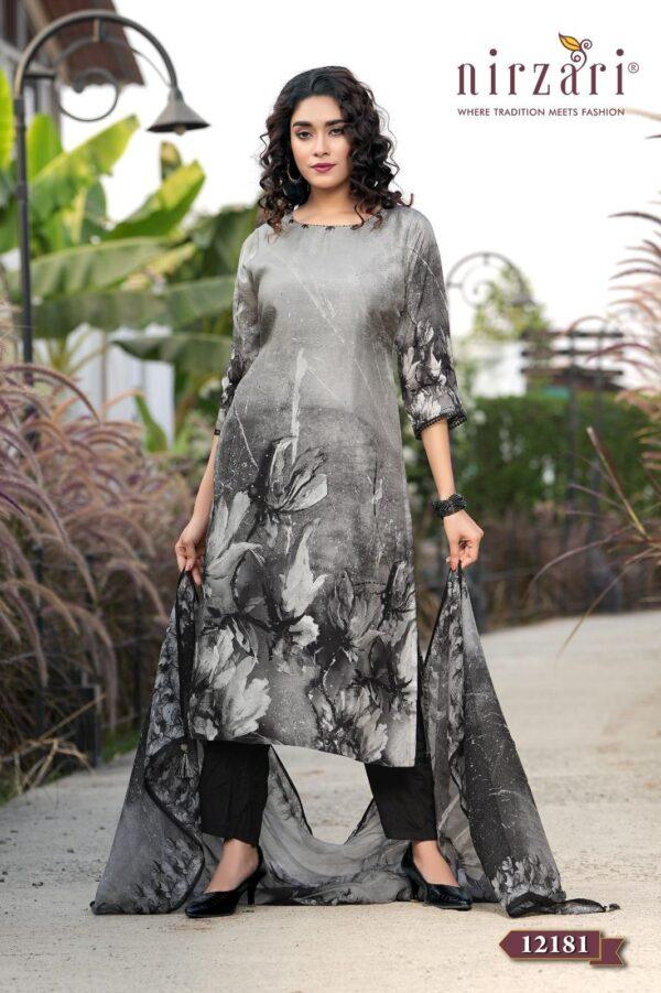Black & Grey Floral Dola Silk 3-Piece Kurti Set with Organza Dupatta
