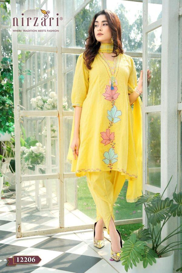 Yellow A-Line Cotton 3-Piece Kurti Set with Tulip Pants & Dupatta