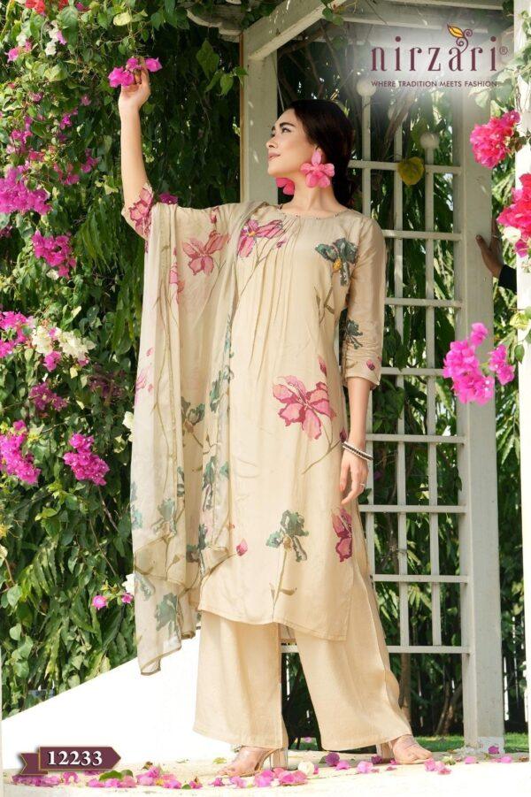 Beige Floral Printed Crape 3-Piece Kurti Set with Dupatta