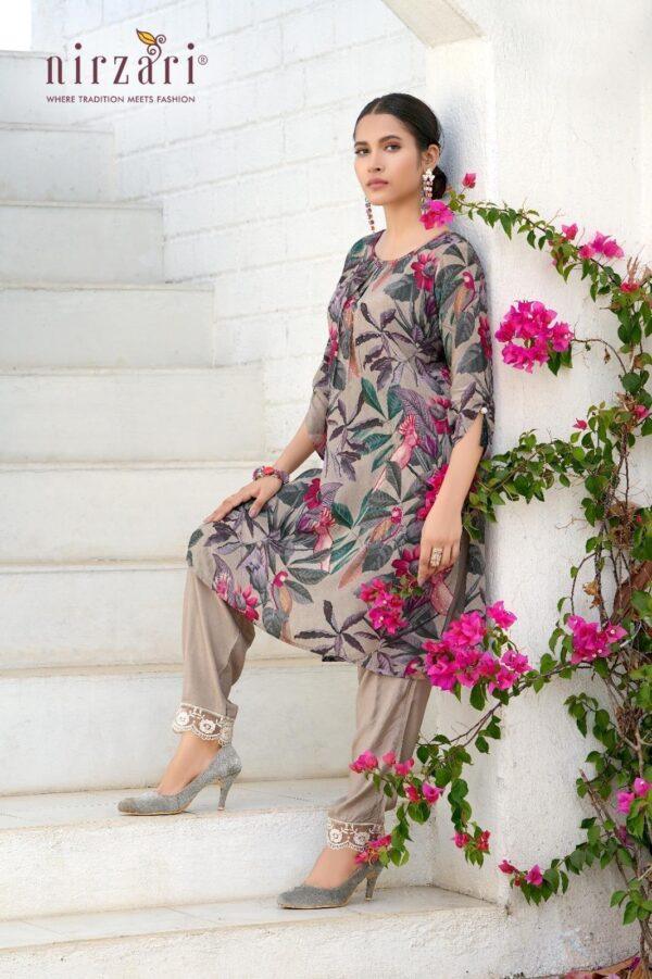 Beige Floral Printed Crape 2-Piece Kurti Pant Set