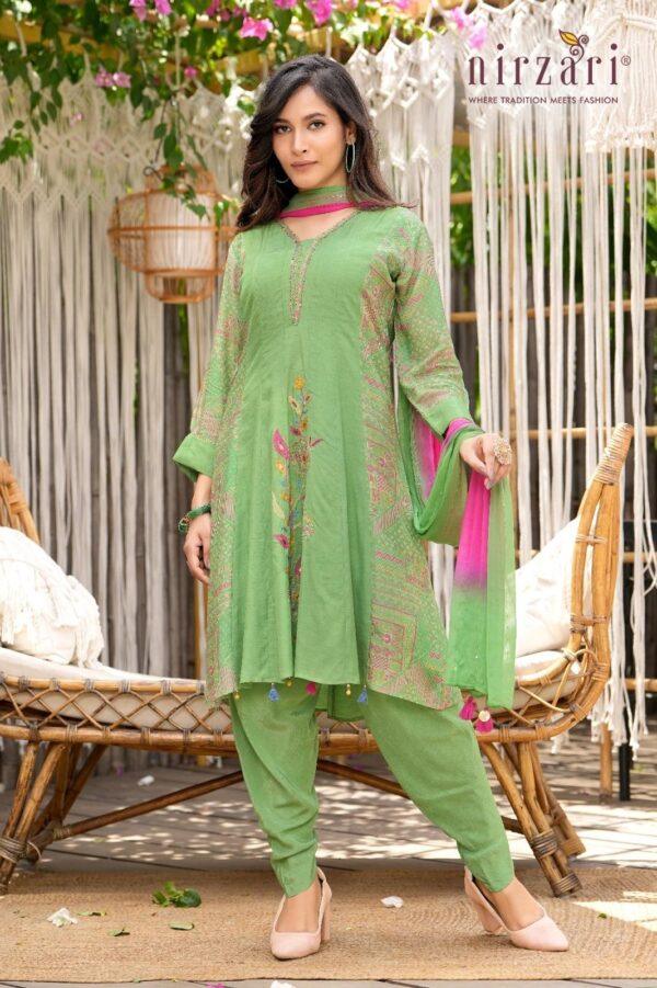 Green Muslin Embroidered 3-Piece Kurti Set with Tulip Pants & Dupatta