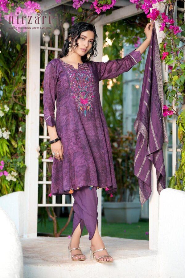 Purple Embroidered C. Silk 3-Piece Kurti Set with Tulip Pants & Dupatta