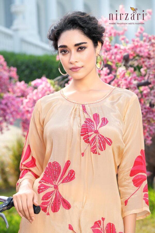 Beige and Red Floral Printed Crape 2-Piece Kurti Pant Set