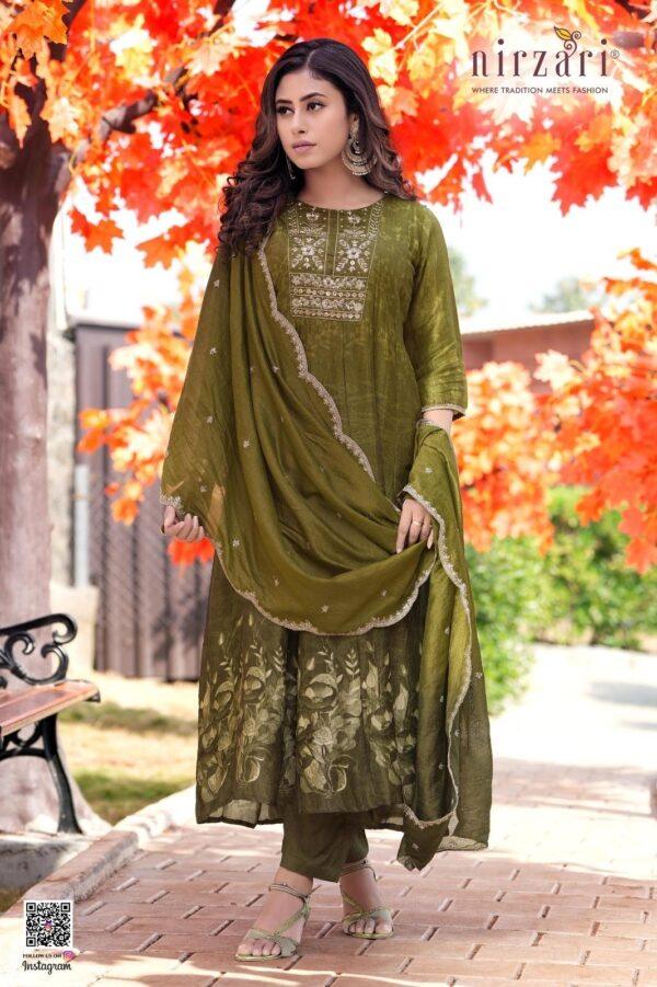 Olive Green Kalli Dola Silk 3-Piece Kurti Set with Dupatta