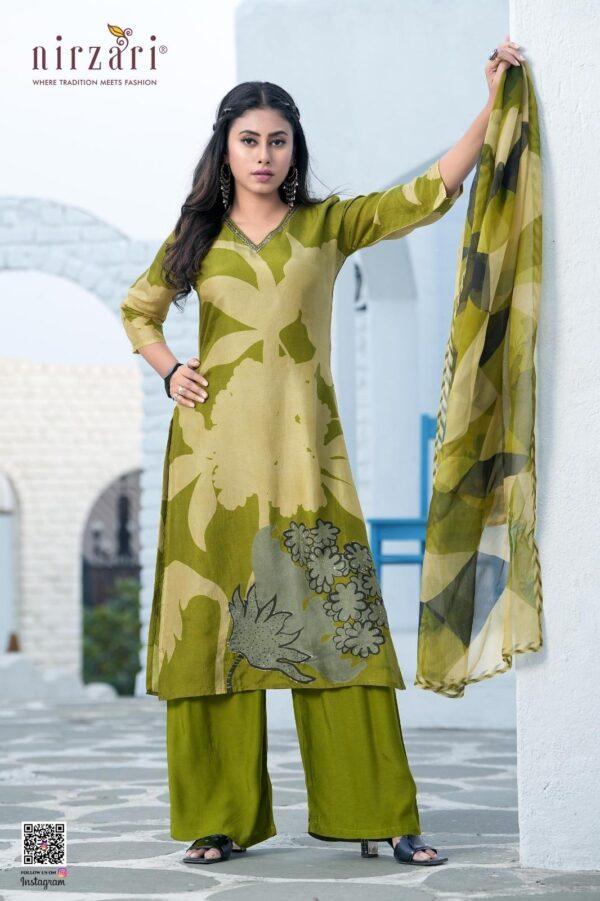 Olive Green Printed Dola Silk 3-Piece Kurti Set with Dupatta