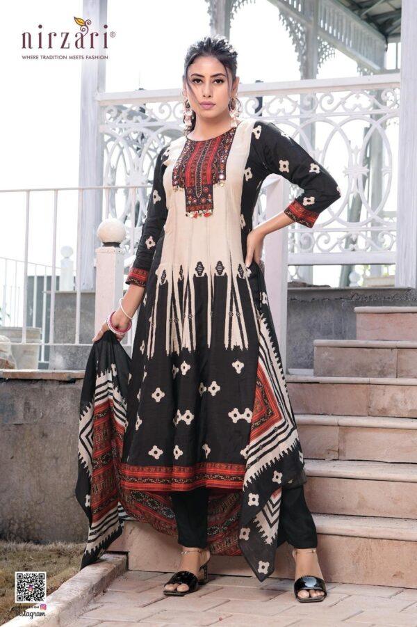 Black & Beige Kalli Dola Silk 3-Piece Kurti Set with Dupatta