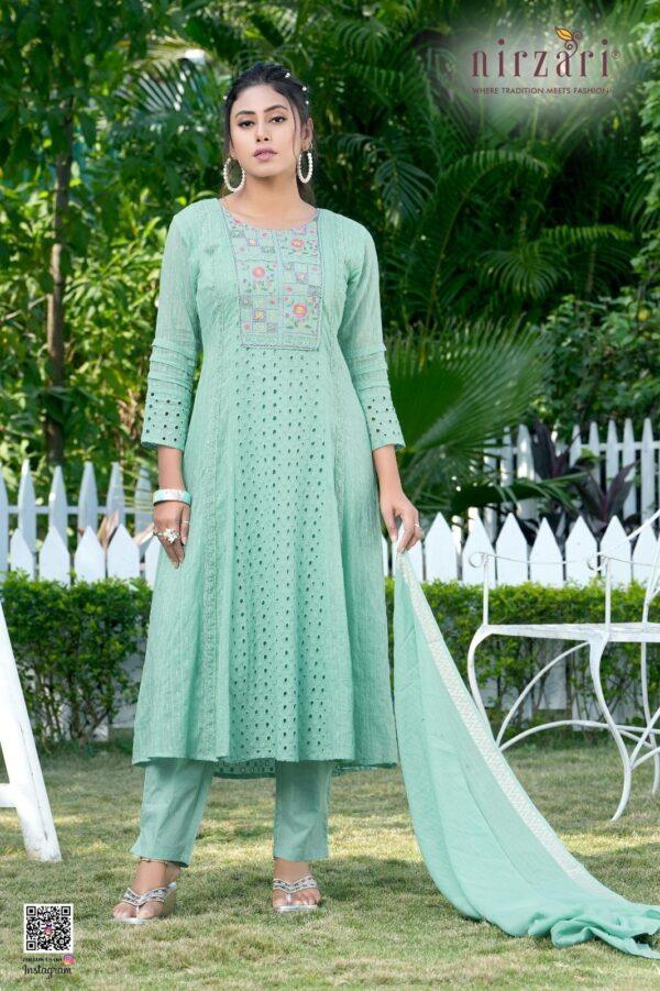 Kalli Schiffli Cotton 3-Piece Kurti Set (Blue)