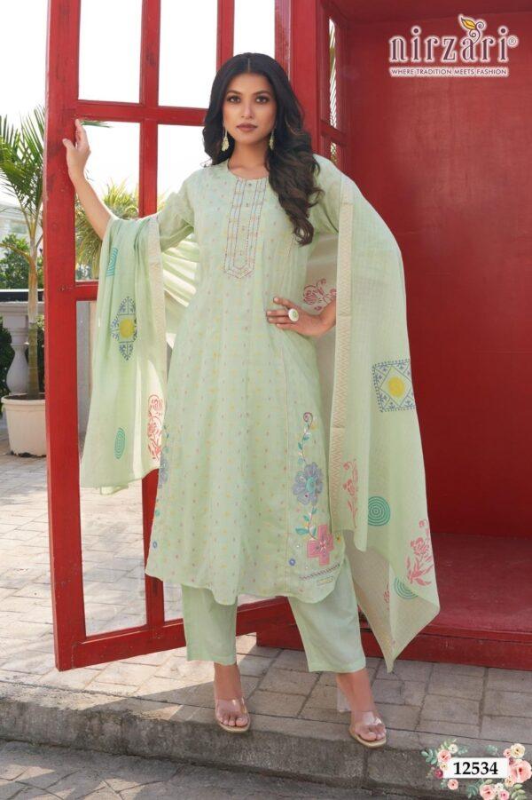 Pista Green Cotton Apple Cut 3-Piece Kurti Set with Dupatta