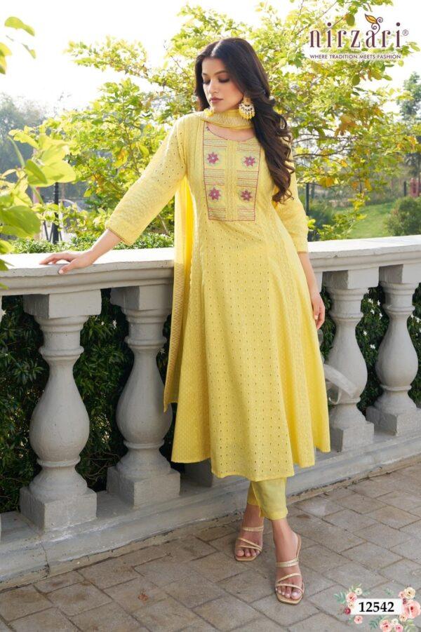 Yellow Kalli Schiffli Cotton 3-Piece Kurti Set with Dupatta