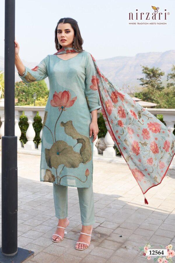 Sky Blue Viscose Linen 3-Piece Floral Kurti Set with Dupatta